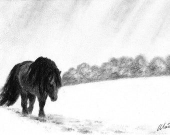 Horse walking in the snow - charcoal pencil sketch, 6" x 4" - horse in snow, winter horse, gift for horse lover