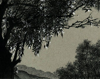 Dusk landscape with blossoming tree sketch, pen and ink, tree silhouettes, blossoms, blooms, distant hills