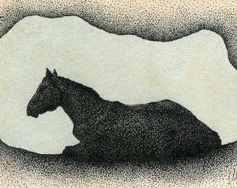 Lying horse sketch, original pen and ink drawing, small desktop art