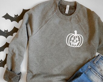Bluza z dyni, sweter z dyni, bluza z jack-o-lantern, bluza z okrągłym dekoltem na Halloween, sweter na Halloween, upiorny sezon, koszule jesienne