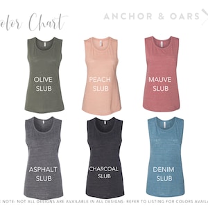 May include: Color chart showing six different colors of sleeveless shirts. The colors are olive, peach, mauve, asphalt, charcoal, and denim.