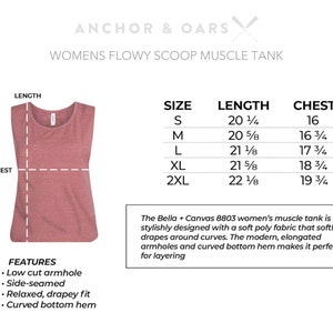 May include: A size chart for a women's flowy scoop muscle tank top. The chart shows the size, length, and chest measurements in inches. The tank top is made by Bella + Canvas and is a soft poly fabric that drapes around curves. The tank top has a low cut armhole, side seams, a relaxed drapey fit, and a curved bottom hem.
