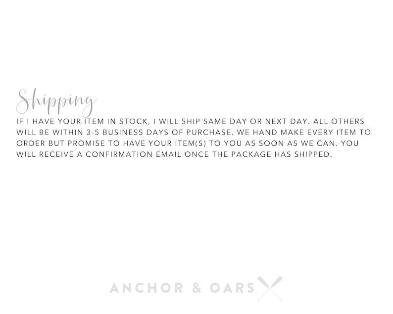 May include: Text on a white background that reads "Shipping" followed by a paragraph about shipping policies. The text at the bottom reads "ANCHOR & OARS" with a crossed oar graphic.