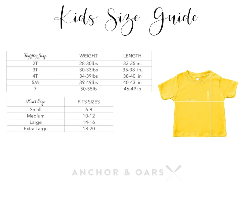 K&ouml;nnte beinhalten: Eine gelbe Gr&ouml;&szlig;entabelle f&uuml;r Kinder-T-Shirts mit Ma&szlig;en in Zoll und Pfund. Die Tabelle umfasst die Kleinkindgr&ouml;&szlig;en 2T, 3T, 4T, 5/6 und 7 sowie die Kindergr&ouml;&szlig;en klein, mittel, gro&szlig; und extra gro&szlig;. Die Tabelle enth&auml;lt auch ein gelbes T-Shirt mit dem Text "Kids Size Guide" oben.