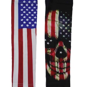 May include: Two arm sleeves with an American flag design. One sleeve features a traditional American flag design, while the other sleeve features a skull with an American flag design.