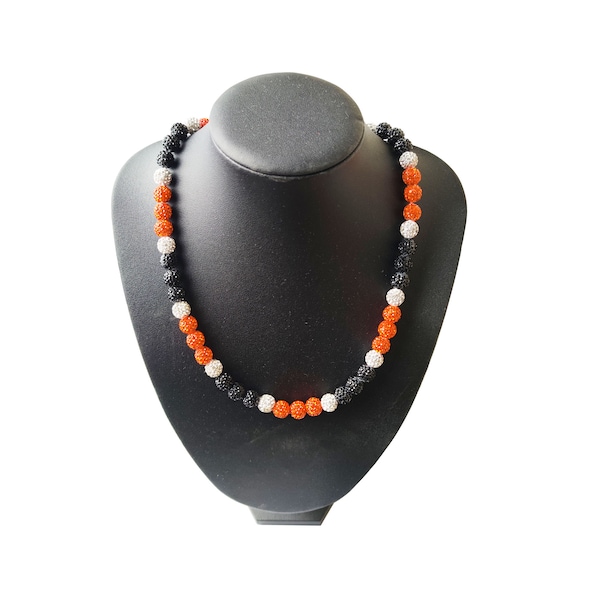 Custom Orange Black White Baseball Bead Rhinestone Necklace