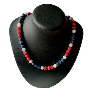 Collana personalizzata con goccia da baseball, collana da rally con strass perline da baseball e hockey, blu navy e bianco