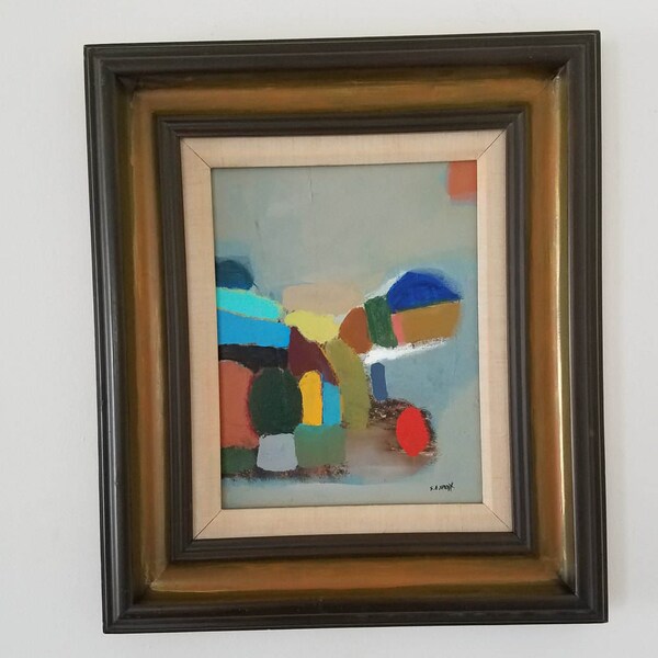 Mid century modern style painting with vintage wood frame