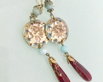 Antique ENAMEL AMAZONITE LUCITE EARRINGs Damsel Assemblage Victorian French multi Color hand Enamel Lucite Red Drop Gemstone Gf Wires
