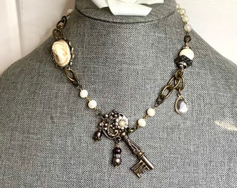 HER KEY vintage Cameo Key Charm Necklace/Genuine Pearls/Mix Vintage Chain/Rhinestone Roundel/Adj Shabby Chic Victorian Up Cycle Collar