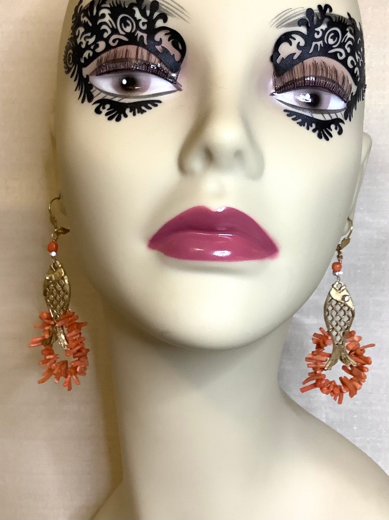 FISHING FOR COMPLIMENTS vintage Coral Fish Pendant EarringsGenuine Deco Coral BranchAsian Fish CharmRhinestoneAssemblage Dangle Earrings