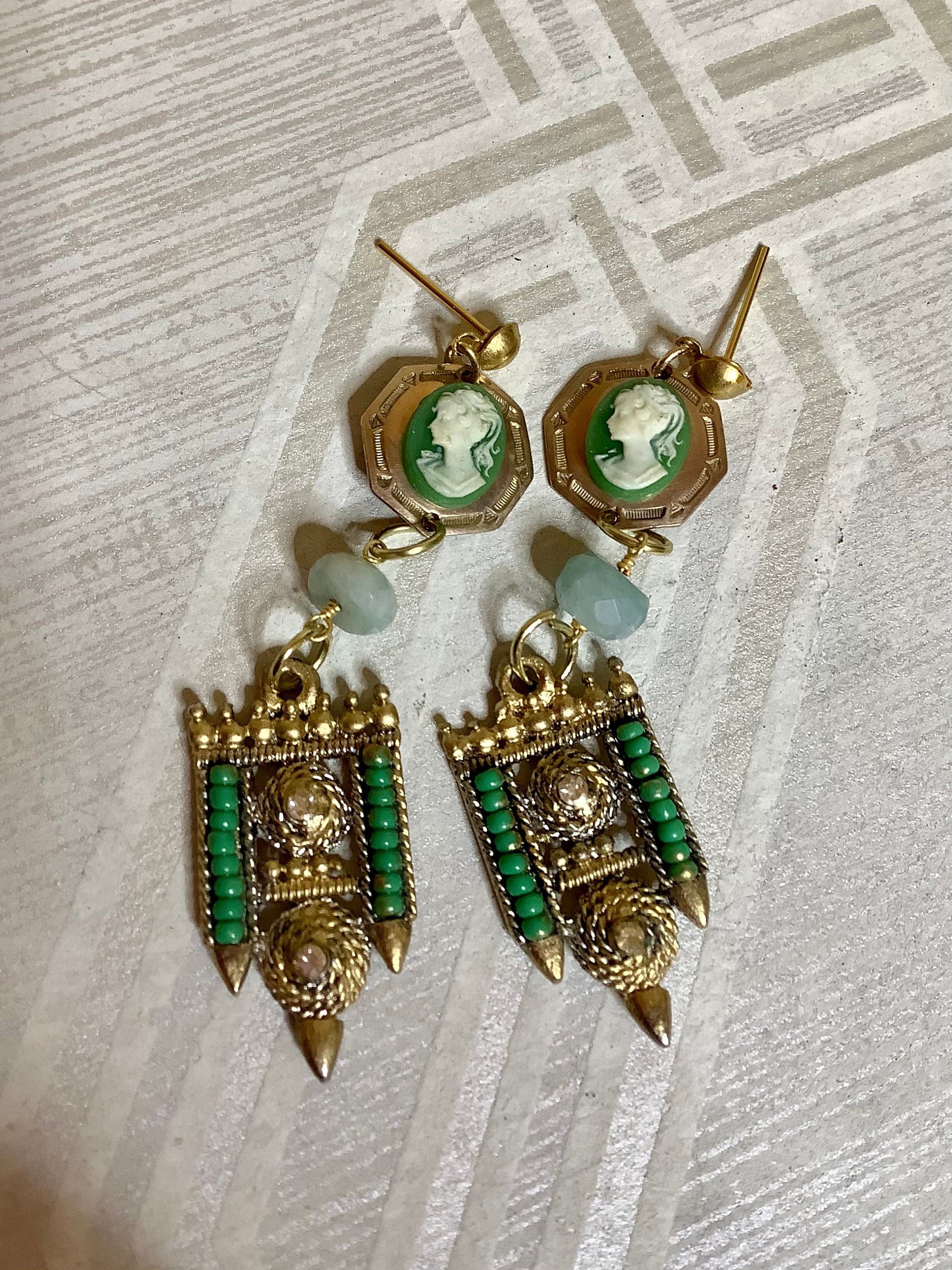 MINT JULEP antique Cameo Beaded Dangle Earrings/Gold Fill/Art Etsy