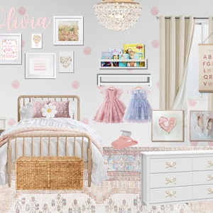 Tablero de ideas prediseñado para dormitorio de niña, diseño de interiores electrónico, renovación virtual de hogar bohemio, plantilla digital prediseñada, decoración de habitación o guardería infantil