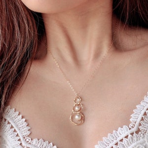 Triple Golden Rings with Swarovski Pearls Necklace, Birthday, Bridal Jewelry,Bridesmaids Gifts