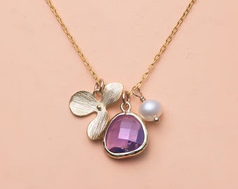 Gold necklace, Tanzanite gold bezel, Freshwater pearl, Orchid, Best friends, Mother jewelry, Bridesmaids.
