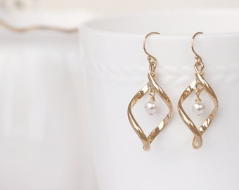 Tropfen Ohrringe - Gold verdreht Spirale Anhänger Perle für immer Freundschaft, Brautjungfer Geschenke, Schwester