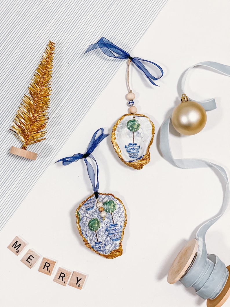 Decoupage Oyster Shell Ornament With Beads Ginger Jar Etsy