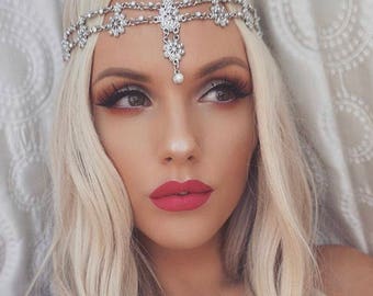 SILVER Hair Jewelry Head Chain Head Piece Flower Pearl Bridal Birthday Holiday Boho Bohemian