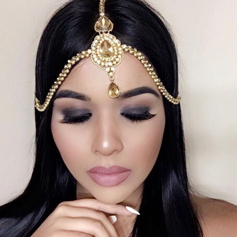 Clear Gold Diamond Pearl Matha Patti Wedding Bridal Goddess Bohemian Boho Grecian Head Chain Hair Jewelry Head Piece Bollywood Wedding