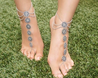 Silver antique Coin barefoot sandals foot chain foot jewelry beach jewelry foot bling