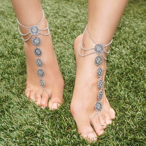 Silver antique Coin barefoot sandals foot chain foot jewelry beach jewelry foot bling