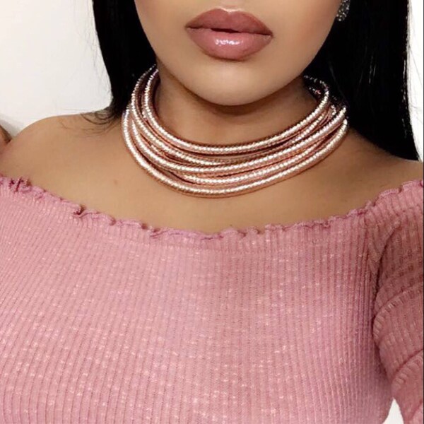 ROSE GOLD Rope Choker Tribal Fashion Necklace High Fashion Layered Metal Choker Kim Kardashian African Neck Piece Chunky Statement Piece