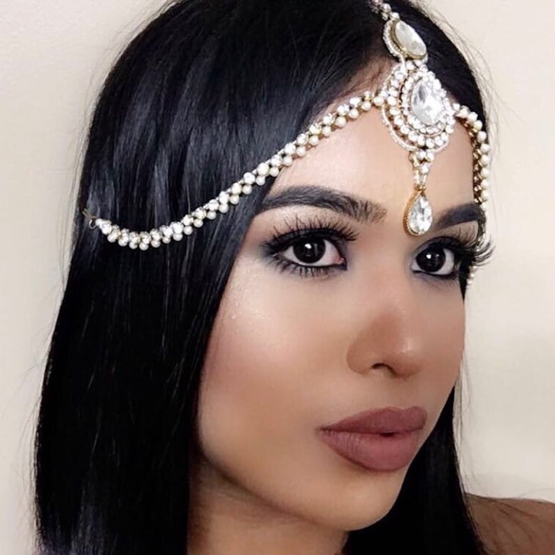 Clear Gold Diamond Pearl Matha Patti Wedding Bridal Goddess Bohemian Boho Grecian Head Chain Hair Jewelry Head Piece Bollywood Wedding