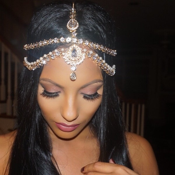 ROSE GOLD Pearl Goddess Hair Jewelry Wedding Prom Head Piece Bollywood Bride Glam