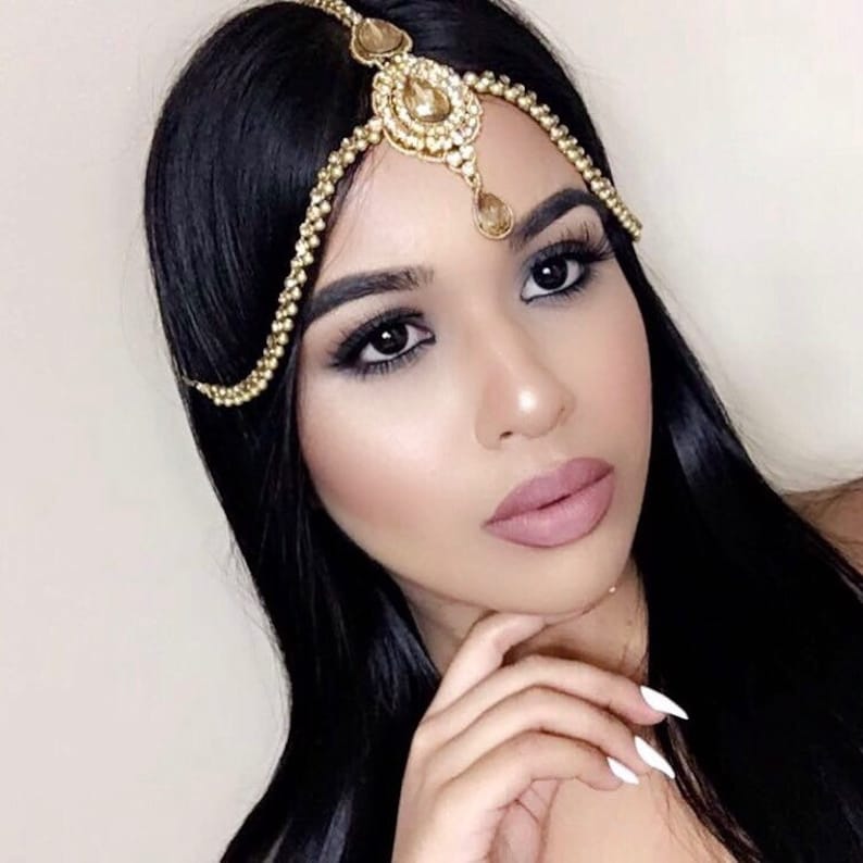 Clear Gold Diamond Pearl Matha Patti Wedding Bridal Goddess Bohemian Boho Grecian Head Chain Hair Jewelry Head Piece Bollywood Wedding