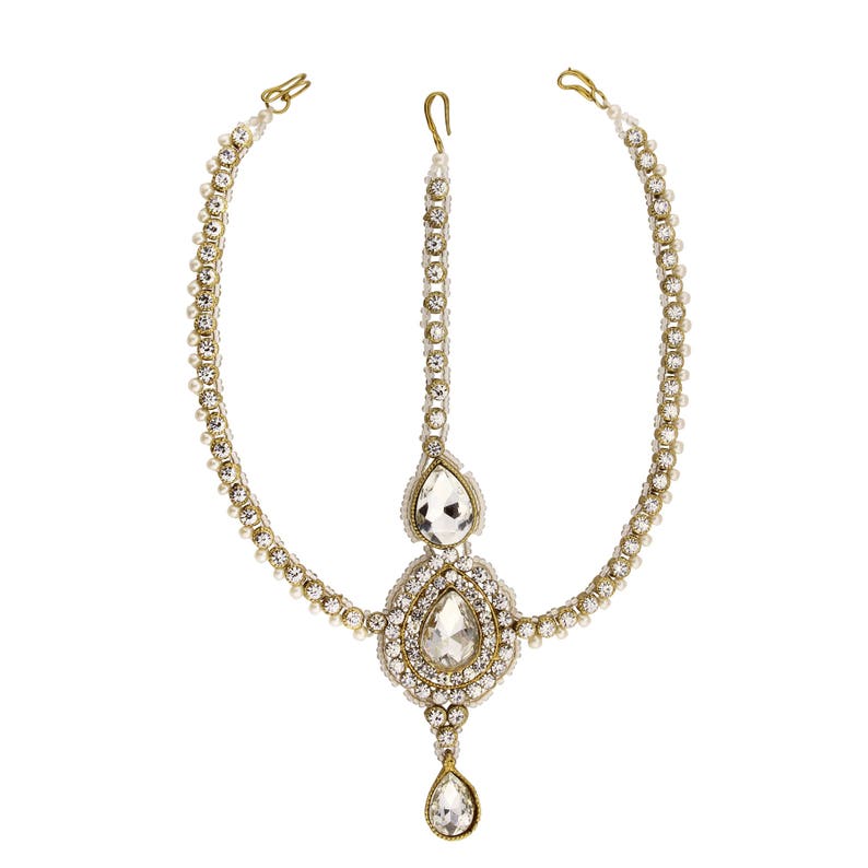 Clear Gold Diamond Pearl Matha Patti Wedding Bridal Goddess Bohemian Boho Grecian Head Chain Hair Jewelry Head Piece Bollywood Wedding