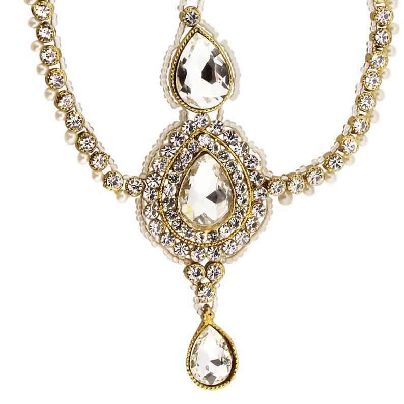 Clear Gold Diamond Pearl Matha Patti Wedding Bridal Goddess Bohemian Boho Grecian Head Chain Hair Jewelry Head Piece Bollywood Wedding