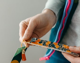 Orange Folk Floral Gold Key fob wristlet | Fabric wristlet | Keychain Wristlet