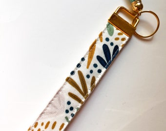 Gold Key fob wristlet, key chain, mothers day gift, wristband, modern retro wildflowers pattern