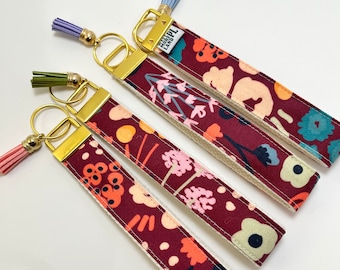 Key fob wristlet modern wildflowers maroon with colorful floral print