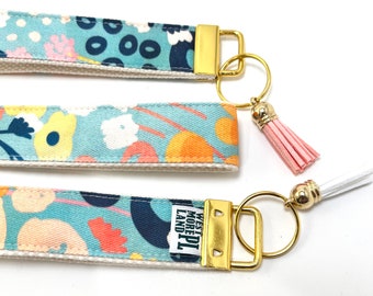 Key fob wristlet blue modern wildflowers  with colorful floral print | cute keychain | valentine gift