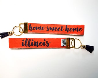 Gold Key fob wristlet | Home Sweet Home Illinois | Fabric Keychain | Teacher gift | Key Wristband