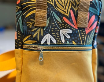 Mustard Floral Mini Making Backpack, handmade mini backpack for women, handmade unique custom day bag, stylish diaper bag