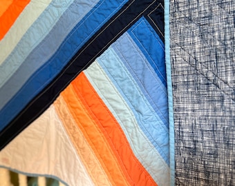 Baby Quilt | Handmade Modern Retro Baby Blanket | Shades of Blue Orange Peach Ombre