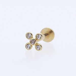 14K Solid Gold Tiny CZ Cross Stud Labret, Internal Threaded, Tragus, Cartilage, Helix, Conch, Lobe, Piercing Earring, Minimalist Earring