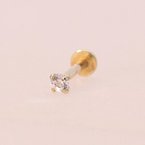 14K 2mm Solid Gold CZ Stud Labret, Internal Threaded, Tragus, Cartilage, Helix, Conch, Lobe, Piercing Earring, Minimalist Earring