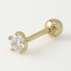 Pendiente de oro macizo de 14 quilates de 3 mm con circonita cúbica y piedra de nacimiento para cartílago, trago, hélix, caracola y lóbulo. Pendiente perforante, minimalista y geométrico.