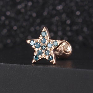 Brinco de diamante azul em forma de estrela, ouro 14K, cartilagem, tragus, hélice, concha, lóbulo, piercing, brinco minimalista, brinco geométrico