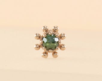 14K 3mm Gold Green Diamond Flower Stud, Cartilage, Tragus, Helix, Conch, Lobe, Piercing Earring, Minimalist Earring