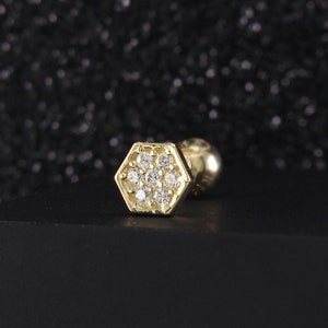 Hexagon Stud Diamond Earring 14K Gold, Cartilage, Tragus, Helix, Conch, Lobe, Minimalist Earring, Geometric Earring, Birthstone Stud