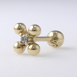 14K ソリッド ゴールド ボール クロス CZ スタッド、軟骨、トラガス、ヘリックス、コンク、ローブ、14K ピアス イヤリング、ミニマリスト イヤリング、幾何学的イヤリング