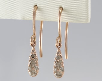 14K Solid Gold Champagne Diamond Drop Earrings, 14K Gold Cognac Diamonds Dangle Earrings, 14K Drop Earrings, 14K Dangle Earrings