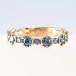 Blue Diamond Ring, Diamond Eternity Band 14K Solid Gold, Diamond Wedding Band, Blue Diamond Wedding Band, Geometric Ring