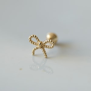 14K Solid Gold Textured Bow Ribbon Cartilage Earring Daith Helix Tragus Conch Rook Snug Stud Piercing Jewelry