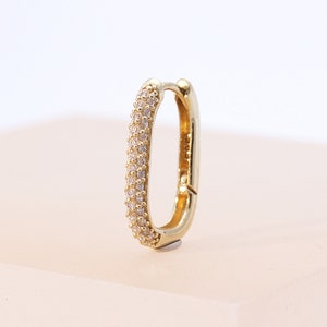 14K Solid Gold CZ Oval Huggie Hinged Hoop Earring, Huggie Hoop, Gold Huggie, Oval Gold Hoop image 1