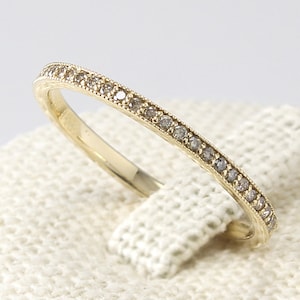 Thin Diamond Eternity Band 14K Solid Gold, Champagne Diamond Ring, Diamond Wedding Band